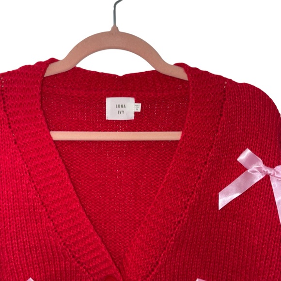 LUNA IVY Red Sweater with Pink Bows sz Medium - Picture 2 of 7